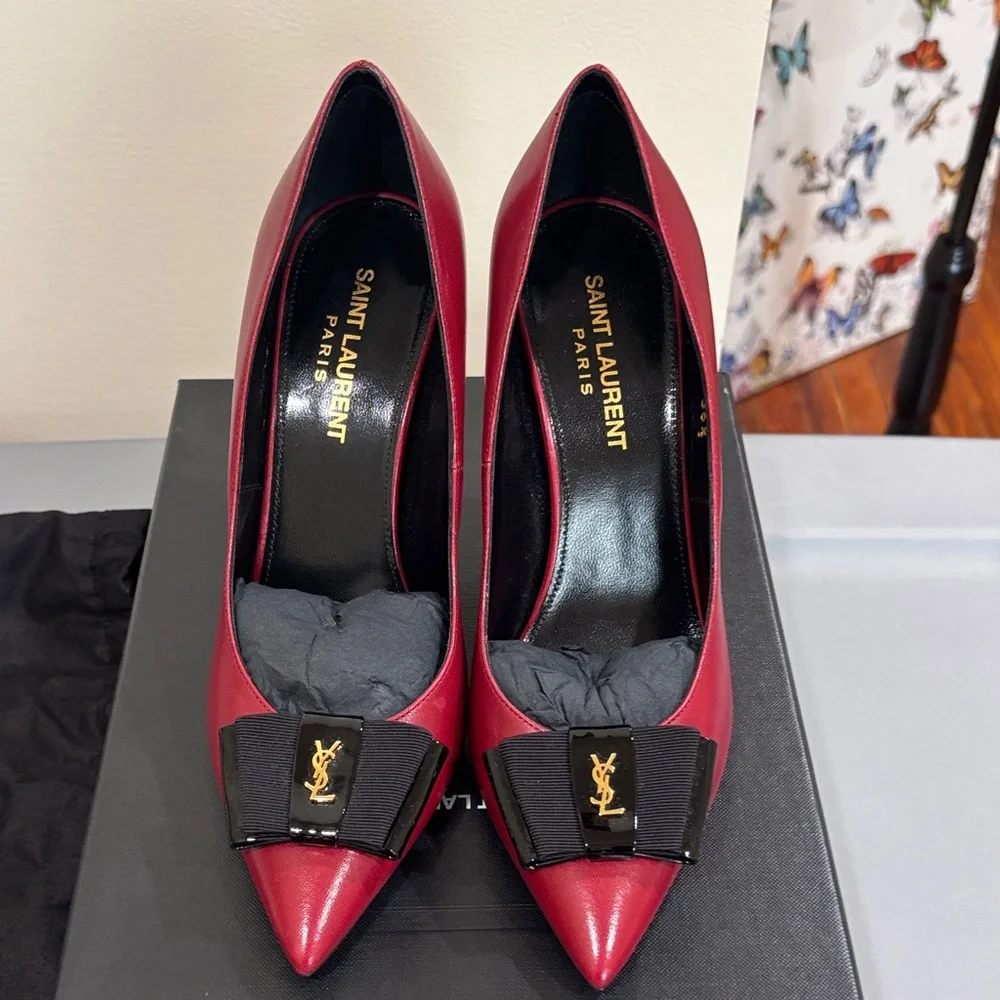 Saint Laurent Burgundy Heels with Black Bow with original box duffel bag 4shoes - Picture 1 of 9